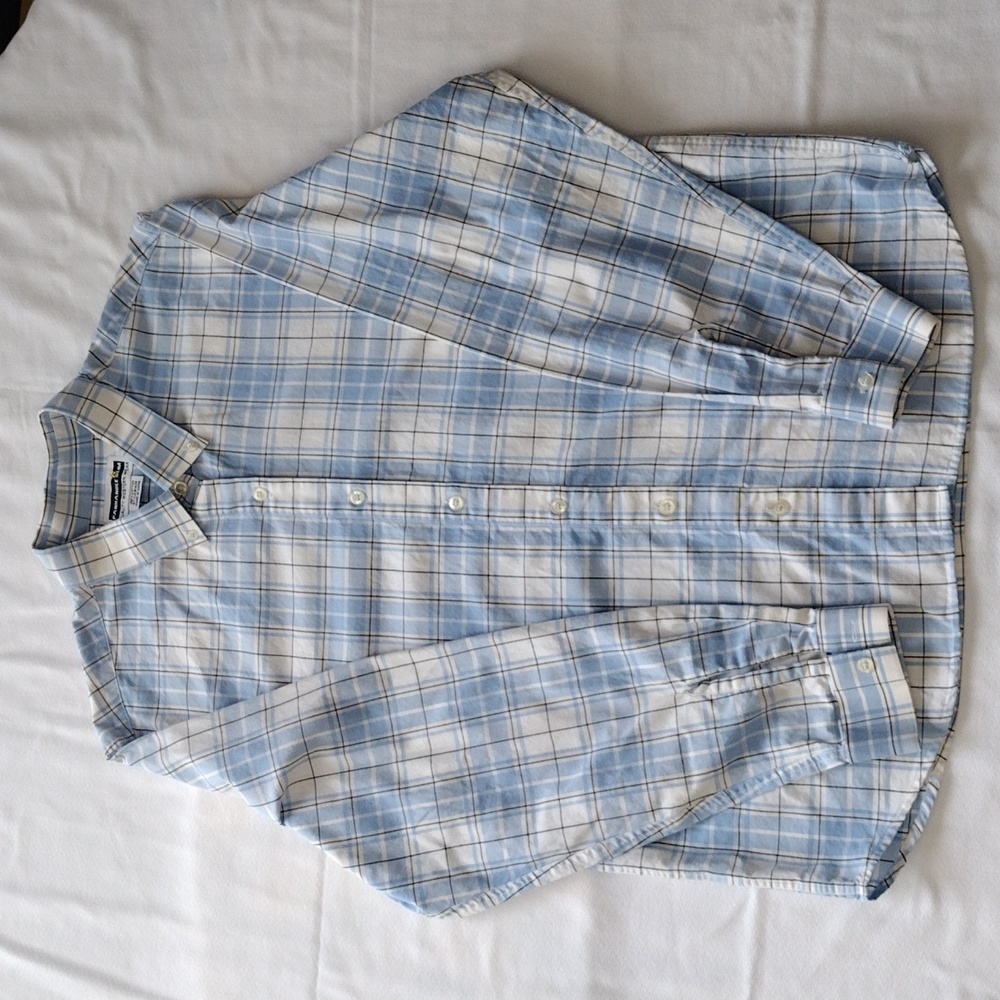 Panhandle Slim Quality Western Wear Mens Shirt Size L Plaid Blue White and Black